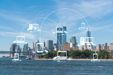 Brooklyn And Manhattan Bridges With New York City Financial Downtown Skyline Panorama At Day Time Over East River. Social Media Hologram. Concept Of Networking And Establishing New People Connections