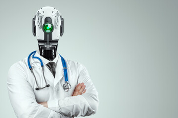 Doctor in a coat with a robot head and a stethoscope, robotic doctor is the future of medicine. Artificial intelligence Modern technologies of neural networks. mixed media.