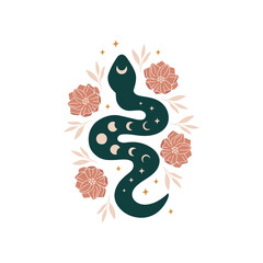 Wall Mural - Mystical floral snake vector illustration. Celestial silhouette serpent with moon phase and flowers isolated on white. Boho animal design for logo, card, poster, t shirt print, tattoo.