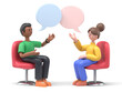 3D illustration of two women meeting and talking with speech bubbles. Happy multicultural female characters sitting in chairs and discussing. Psychologist counseling, group therapy, support session.