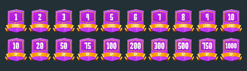 Wall Mural - purple badges with level number and xp points for game ui design. vector cartoon icons of crystal st