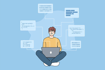 Smiling male software engineer working on computer writing codes and programs. Happy man programmer or backend developer busy on laptop, programming, creating scripts. Vector illustration. 