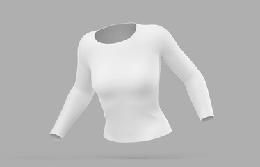 Wall Mural - 3D Long sleeve t-shirt for women angle view. Realistic mockup of female white tee, sweater, sport or casual apparel with round neck isolated on grey background, 3d render illustration