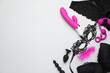 © New Africa - Sex toys and lingerie on white background, flat lay. Space for text