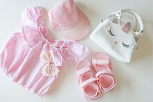 Set Of Clothes For A Little Girl, Sandals, Bag, Cap, Flat Lay Top View