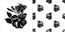 Black Hibiscus Flowers With Buds And Leaves Isolated On White Background Is In Seamless Pattern - Vector Illustration