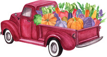 Watercolor Retro Truck With Harvest - Garden Vegetables. Hand Painted Vintage Retro Car Illustration Perfect For Thanksgiving Card Making, Wedding Invitation And Fall Autumn Postcards 