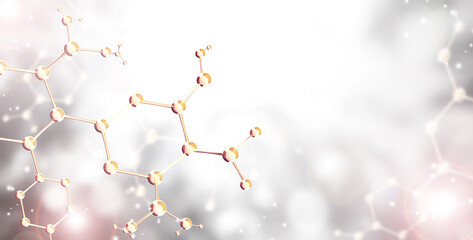 Wall Mural - horizontal banner with model of abstract molecular structure. background of gray color with atom and