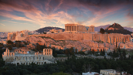 Poster - Athens and the Parthenon Temple of Acropolis during sunrise, Greece