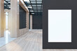 Blank white poster on black wall in empty abstract hall with wooden floor, partitions and dark squared ceiling. 3D rendering, mockup
