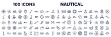 Set Of 100 Nautical Web Icons In Outline Style. Thin Line Icons Such As Wind Rose, Oars, Suroard, Marine, Double Bait, Buoy, Submarine Facing Right, Caravel, Smeaton's Tower, Old Galleon, Big