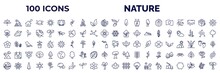 Set Of 100 Nature Web Icons In Outline Style. Thin Line Icons Such As Palmatelly, Lotus Flower, Chestnut Oak Tree, Japanese, Black Locust Tree, Dahlia, Hydrangea, Rainy Landscape, Field, Red Maple