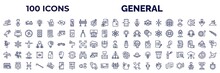 Set Of 100 General Web Icons In Outline Style. Thin Line Icons Such As Initial Coin Offering, , Card Wallet, Team, Agitation, Core Values, Biotechnology, Inauguration, Annual Fee, Hr Policies,