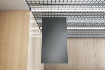 Close up of empty black stopper hanging in wooden interior with industrial ceiling. Mock up, 3D Rendering.