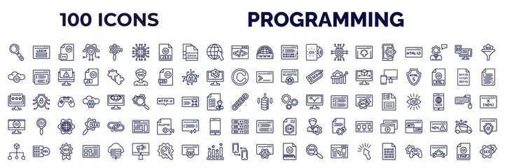 set of 100 programming web icons in outline style. thin line icons such as search, hardware, www, mo