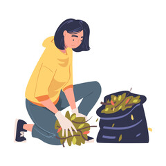 Sticker - Woman Volunteer Cleaning Picking up Garbage and Foliage in Bag Vector Illustration