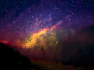 milky way and colorful light at mountains. night colorful landscape. starry sky with hills. beautifu