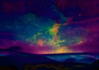 Milky Way and colorful light at mountains. Night colorful landscape. Starry sky with hills. Beautiful Universe. Space background with galaxy. Travel background