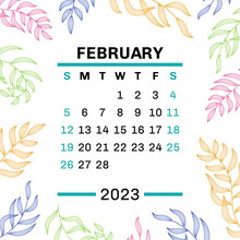 February. Calendar 2023. Leaves. Vector Leaf. Hand Drawn Repeating Elements. Fashion Design Print. Natural Background