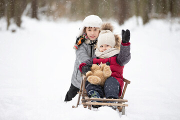 Two brothers ride on a vintage wooden sled against the backdrop of a winter forest.