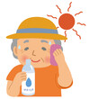 暑い中汗を拭きながら水を飲むシニア女性