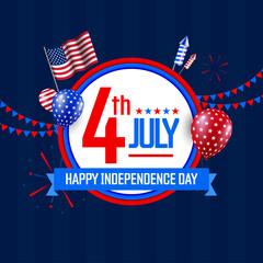 4th July Happy Independence Day design template with flag of USA and balloons, bunting and firworks