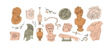 Ancient Greek Classic Statues And Sculptures Set, Drawn In Modern Trendy Style. Antique Art Design Elements, Busts And Torsos Of Greece. Flat Graphic Vector Illustrations Isolated On White Background