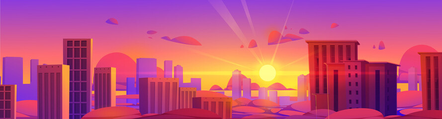 Wall Mural - Skyscrapers view above clouds at sunset. Top of high city buildings, downtown towers on background of evening red and purple sky and sun. Vector cartoon illustration of cityscape over clouds