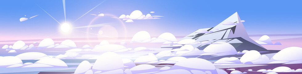Wall Mural - Landscape of high mountain top with snow and ice. Vector cartoon illustration of rock range peak above white soft clouds and bright sun in blue sky. Mountain summit winter scene