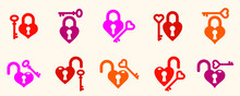 Heart Shaped Padlocks Vector Logos Or Icons Set, Locks And Turnkeys Love Theme In A Shape Of Hearts Open Or Closed Emotions, Secret Feelings Concept, Valentine Theme.