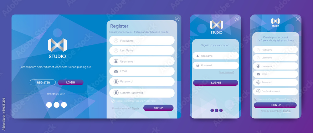 Set of Sign Up and Sign In forms. Blue gradient background with modern ...