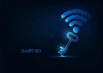Wall Mural - Futuristic smart key concept with glowing low polygonal key and wifi symbol isolated on dark blue