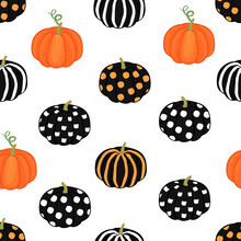 Stylized Seamless Pattern With Pumpkin In Orange And Black White Colors.Modern Background And Texture For Printing On Fabric And Paper.Vector Flat Cartoon Isolated Illustration To Decorate Holidays.