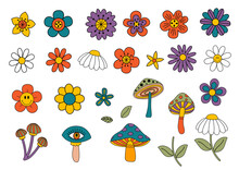 
 Set Of Isolated Retro Flowers And Mushrooms