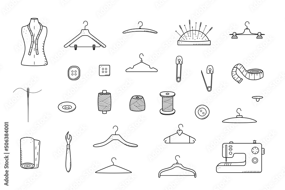 Tools for sewing and needlework. Doodle icon set tailoring, vector ...