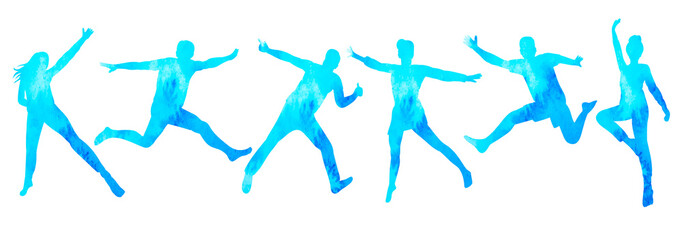 Wall Mural - jumping people watercolor silhouette, on white background, isolated, vector