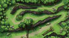 A Combat Adventure Map For The Dungeons And Dragons Board Game, It Features A Rocky, Ornate Uphill Climb Through A Wilderness With Green Grass, Rocky Ledges And Trees. 2d Art