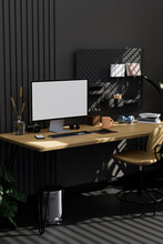 Modern Stylish Black Office Workspace Interior With Pc Computer On Wood Table, Black Wall.