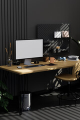 Wall Mural - Modern stylish black office workspace interior with pc computer on wood table, black wall.
