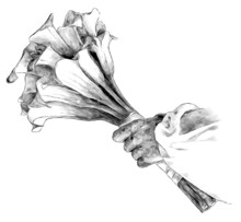 A Woman's Hand Holds A Wedding Bouquet Of Calla Flowers Tied With A Satin Ribbon, Sketch Vector Graphics Monochrome Illustration On A White Background