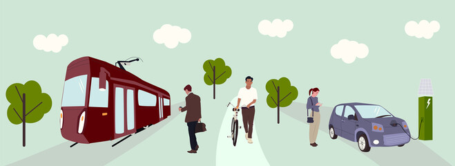 eco transport and people concept. man going to tram, woman charging electro car, guy with bicycle. f