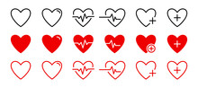 Hearbeat Icon Collection. Heart Beat Pulse Icon. Heart Icon With Plus. Cardiogram Heart Icon Set