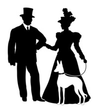 Silhouette Of Elegant Couple In Victorian Dress With Ibizan Hound Dog. Young Man And Woman In Historical Clothing With Dog. 
