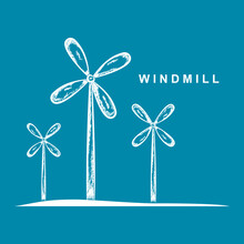 White Turbine Wind (windmill) Generate Electricity Hand Drawing Doodle On Blue Background Icon Vector Design.