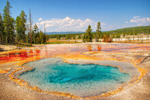Geysers With Colorful Algae In The Landscape Around Firehole Lake In The Yellowstone National Park