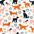 vector seamless pattern with dogs, crowns, flowers on beige background. domestic dogs pattern