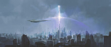 The Light Over The City Reaches Into The Sky, 3D Illustration.