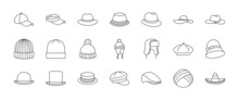 Hats Doodle Illustration Including Icons - Vintage Fedora, Beanie, Gentleman Bowler, Baseball Cap, Sun Vizor, Beret, Cowboy, Bucket, Summer Panama. Thin Line Art About Clothes. Editable Stroke
