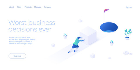 Making bad business decision. Vector illustration in isometric design. Mismatch strategy and corporate goal concept with strong businesswoman pushing load. Web banner layout.