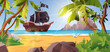 © Дарья Михайлова - Pirate ship near the island. Palm trees, stones, sea or ocean, bushes and rocks. Cartoon vector illustration for 2d game.